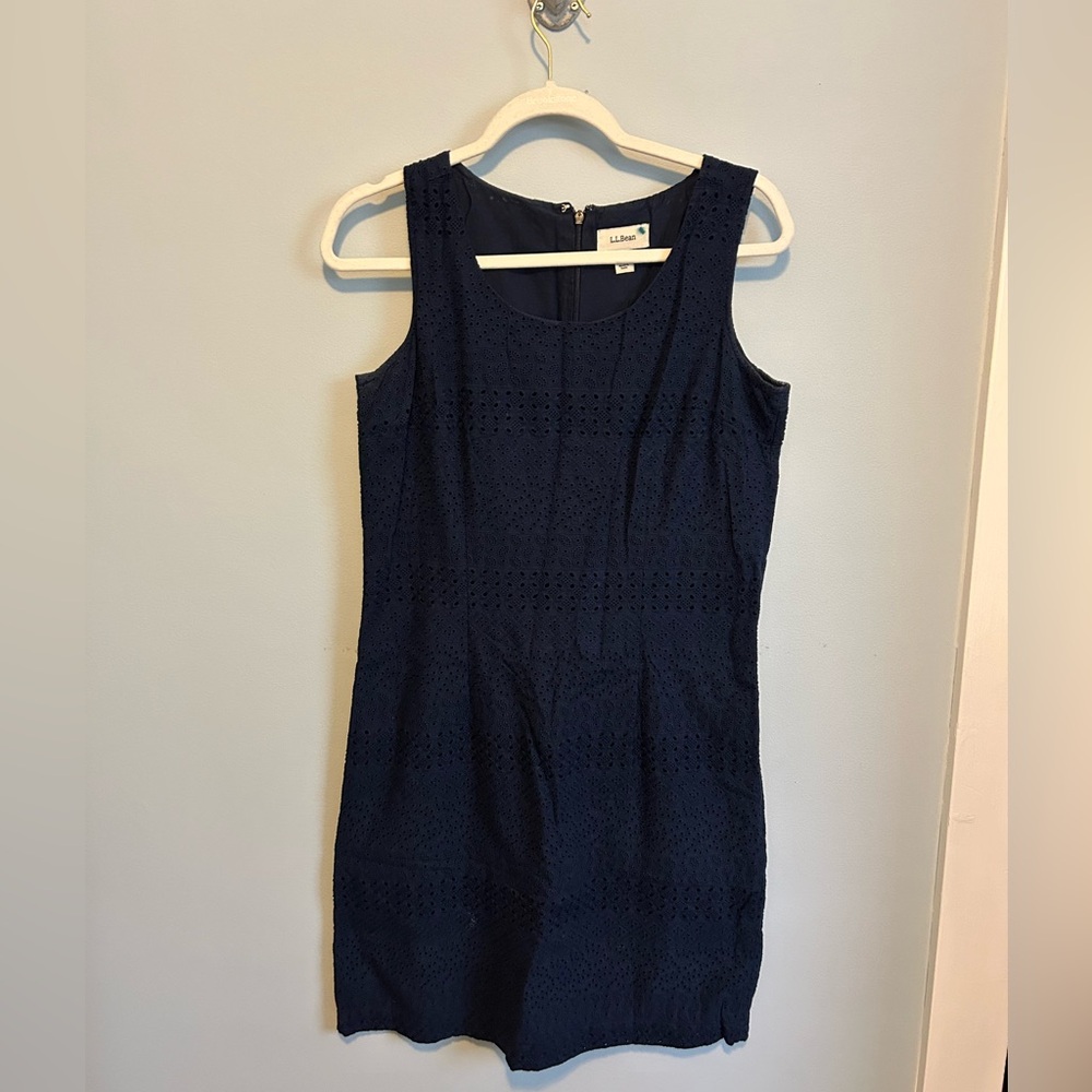 LL Bean navy eye lit shift dress
